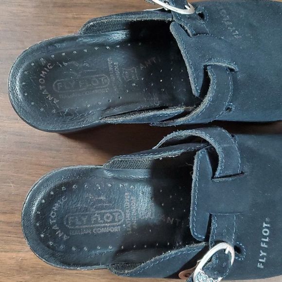 Fly Flot Black Suede Leather Silver & Blue Glitter Buckle Clogs Size EUR 40 US 8 - Picture 6 of 7